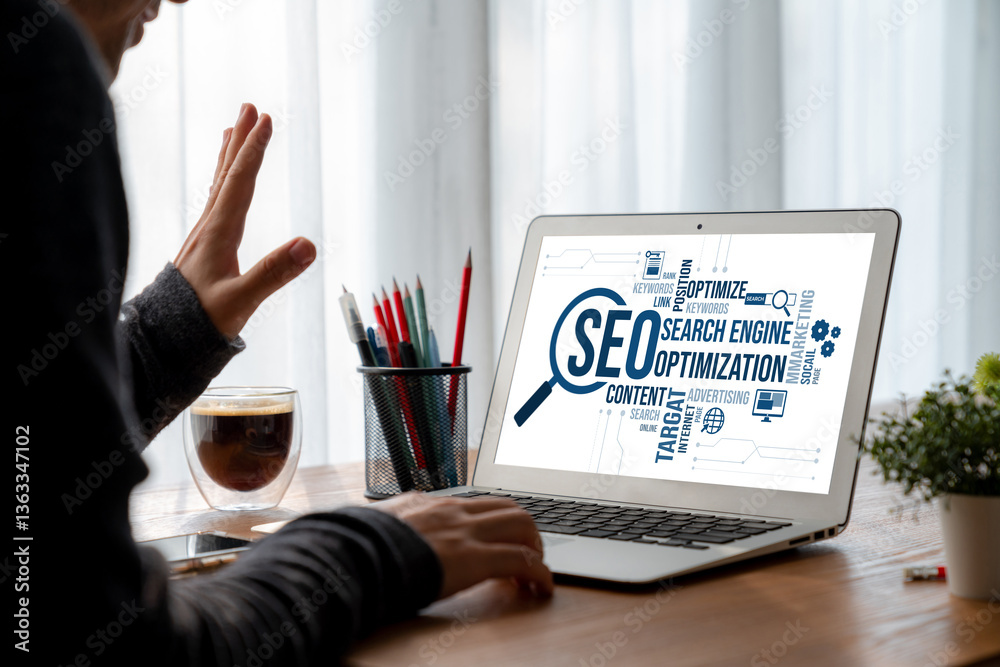 Wall mural seo search engine optimization for modish e-commerce and online retail business showing on computer 