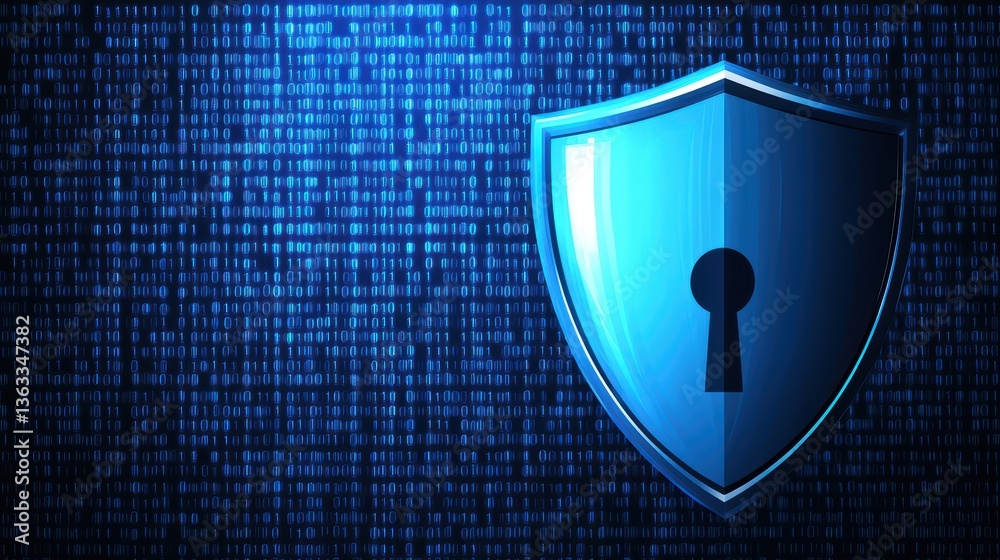 Poster digital shield with keyhole on binary background