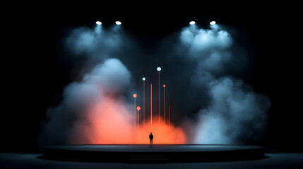 Silhouette of Person on Stage with Blue and Orange Lighting and Smoke