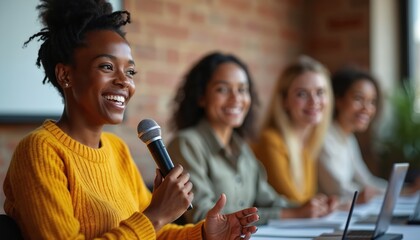 Confident woman in yellow sweater speaks into microphone. Diverse panel discussion at business event. Speaker smiles engaging audience, promoting leadership empowerment. Group discussion,