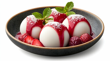 White Dessert Spheres with Red Sauce and Strawberries