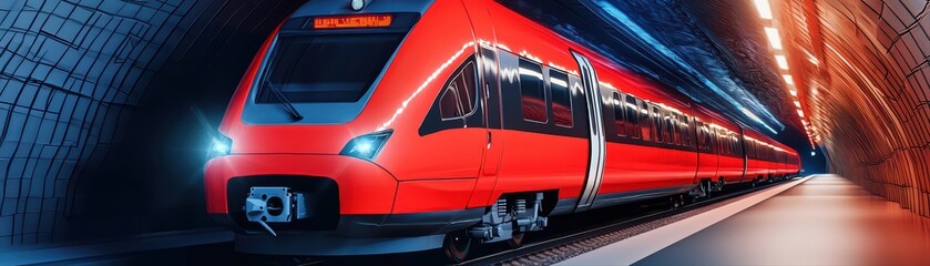 Red train station in modern underground tunnel