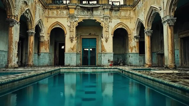 Abandoned Historic Building with Pool and Weathered Architectural Features