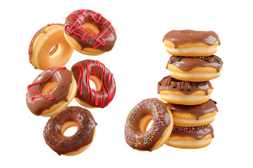 Donuts with chocolate glaze, sprinkles, white drizzle, and dots isolated on white transparent background. 3d rendering and illustration of dessert variety