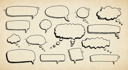 A lively collection of hand-drawn speech bubbles ready to capture thoughts and conversations on a vintage parchment background.