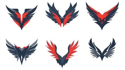 Six stylized red and black wings; graphic design elements; white background; logo design
