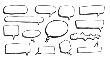 Obraz premium A playful collection of hand-drawn speech bubbles ready to burst with stories and conversations, showcasing a charmingly imperfect, expressive style in simple black ink.