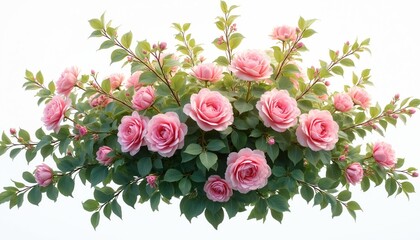 Bush with pink roses isolated on white background. Floral arrangement for wedding design, romantic greeting cards poster decor. Springtime bloom, floral element for branding. Artificial intelligence.