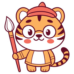 Cartoon Tiger Artist with Brush & Beret, Cute Design, Transparent Background