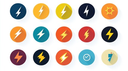 Colorful lightning bolt icons; energy, power, electricity; white background; website design