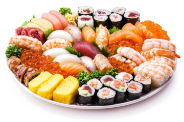 a plate of sushi and sushi with different types of sushi cutout and isolated on transparent background 
