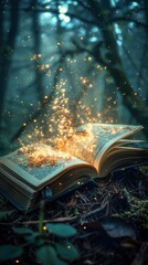 Open book glowing with magic in a mystical forest