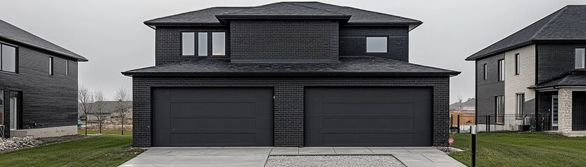 Fototapeta premium Modern black house facade featuring a double garage and a cloudy sky, in a residential neighborhood