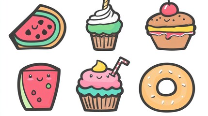 Six cute cartoon desserts on white background, for children?s party or design use