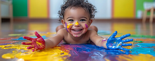 Joyful toddler covered in vibrant paint, playfully sprawled on a colorful floor.  Captures the energy and creativity of childhood. Perfect for education, daycare, or childrens product advertising.
