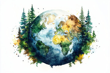A serene watercolor painting of the Earth perfect for Earth Day events, environmental campaigns, or educational materials emphasizing nature conservation and sustainability.