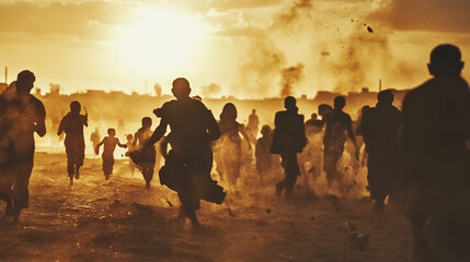 A dramatic scene depicting a group of people running through a dusty landscape at sunset, evoking urgency and emotion.