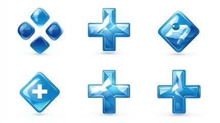 Obraz premium Blue plus and square icons of various shapes on a white background for design