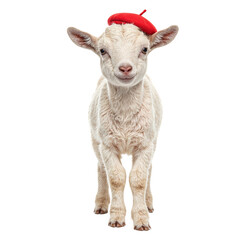 Obraz premium Adorable tiny goat kid in a stylish red beret exuding charm and cuteness Perfect for fashion or animal lovers