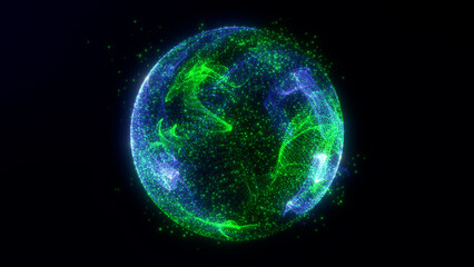  Abstract green blue digital looped energetic sphere of shining moving particles. Futuristic glowing wave on dark background. Motion design, 4k video
