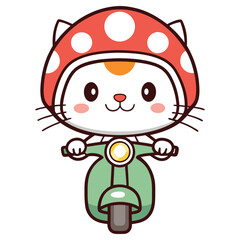 Cartoon Cat with Mushroom Helmet Rides Green Motor Scooter on White Background