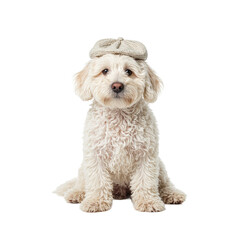 Obraz premium A charming Komondor dog in a farmers cap its corded fur resembling a fluffy cloud Playful and endearing on a white backdrop