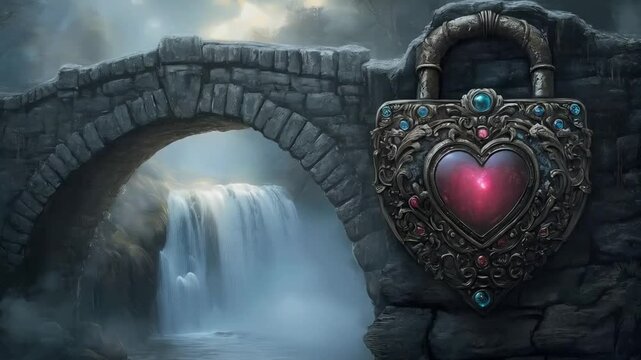 Artistic representation, heart-shaped padlock, mystical waterfall in the background, fantasy atmosphere