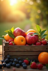 vibrant assortment fresh fruits rustic vintage crate nourishing bounty organic farm harvest display, colorful, apple, banana, orange, grape, kiwi, melon