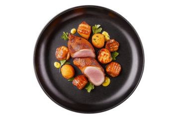 a plate of food with meat and vegetables cutout and isolated on transparent background 