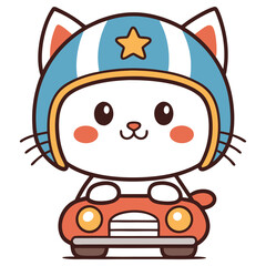 Cartoon White Cat in Racing Helmet Driving Red Toy Car on Transparent Background