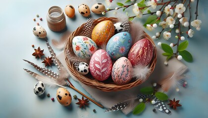 basket with colorful easter eggs 	