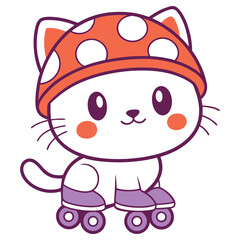 Cute Cat on Roller Skates with Mushroom Hat Cartoon on White