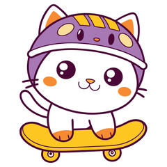 Cartoon White Cat with Helmet Rides a Yellow Skateboard on a White Background