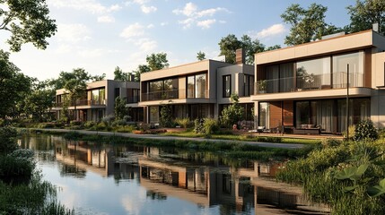 Fototapeta premium Modern Townhouses Reflecting on Canal