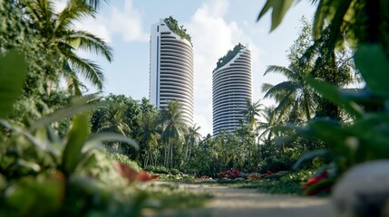 Fototapeta premium Modern architecture emerging from lush greenery in a tropical environment
