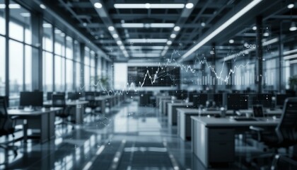 Fototapeta premium High-Tech Modern Office Digital Data Overlay Graphs - Business Analytics Data Visualization Corporate Presentations Reports