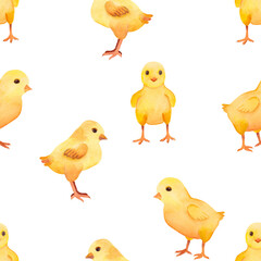 Watercolor illustration of chicks. Seamless pattern of yellow chicks. Cute bright drawing.