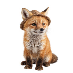 Obraz premium Adorable fox kit with vibrant orange fur wears a tiny adventurers hat exuding curiosity and alertness Perfect for animal lovers