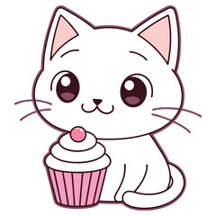 Kawaii White Cat with Cupcake, Cute Cartoon Animal, Sweet Dessert on Transparent Background