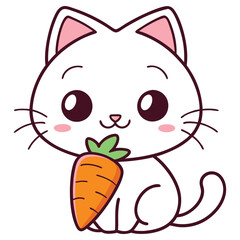 Cute White Cartoon Cat Holding Carrot with Whiskers on a Transparent Background