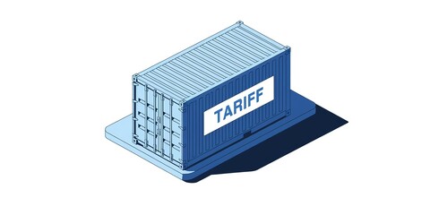 Illustration of a blue shipping container labeled 'TARIFF' on a platform