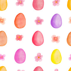 Easter watercolor illustration. Easter seamless pattern of colored eggs, flowers. Cute bright drawing.