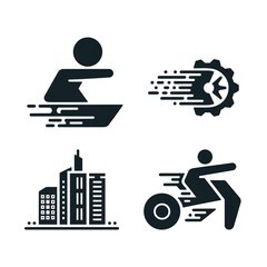 Dynamic icons representing sports and urban life: a swimmer, a gear in motion, a city skyline, and a cyclist