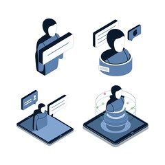 Isometric illustration of digital user profiles and avatars with interaction elements
