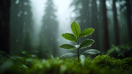 Small Green Plant Growing in Rainy Rainforest