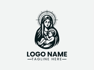 Mary Holding Baby Jesus Affection Vector Logo Design. Mother Mary Baby Jesus Logo
