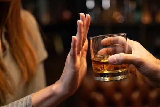 Person refusing whiskey drink at social gathering
