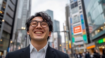 Obraz premium Smiling man in a business suit enjoys a bustling city street during a cloudy day in an urban environment