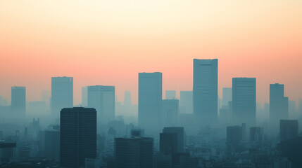 Fototapeta premium A hazy skyline at dawn with silhouetted skyscrapers against a soft, pastel sky.