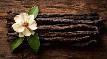 Fototapeta premium Vanilla pods and flower on rustic wood